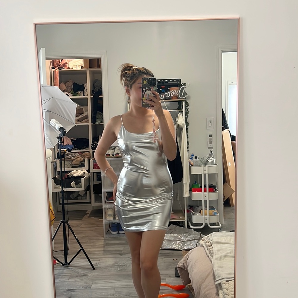 Silver Metallic Bodycon Dress Spaghetti Straps